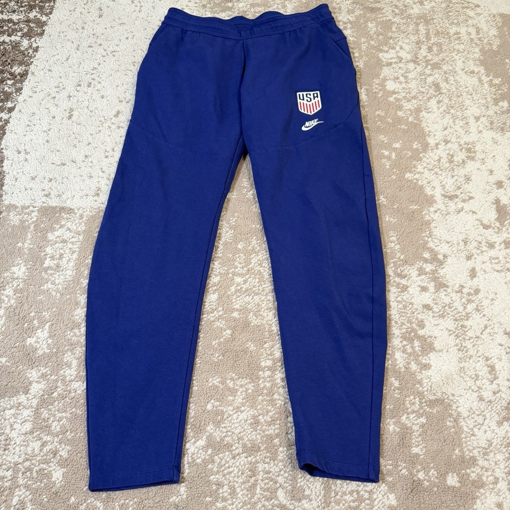 Nike Tech Pants Men Large Blue Fleece Joggers Athletic Zip Pocket USA Soccer